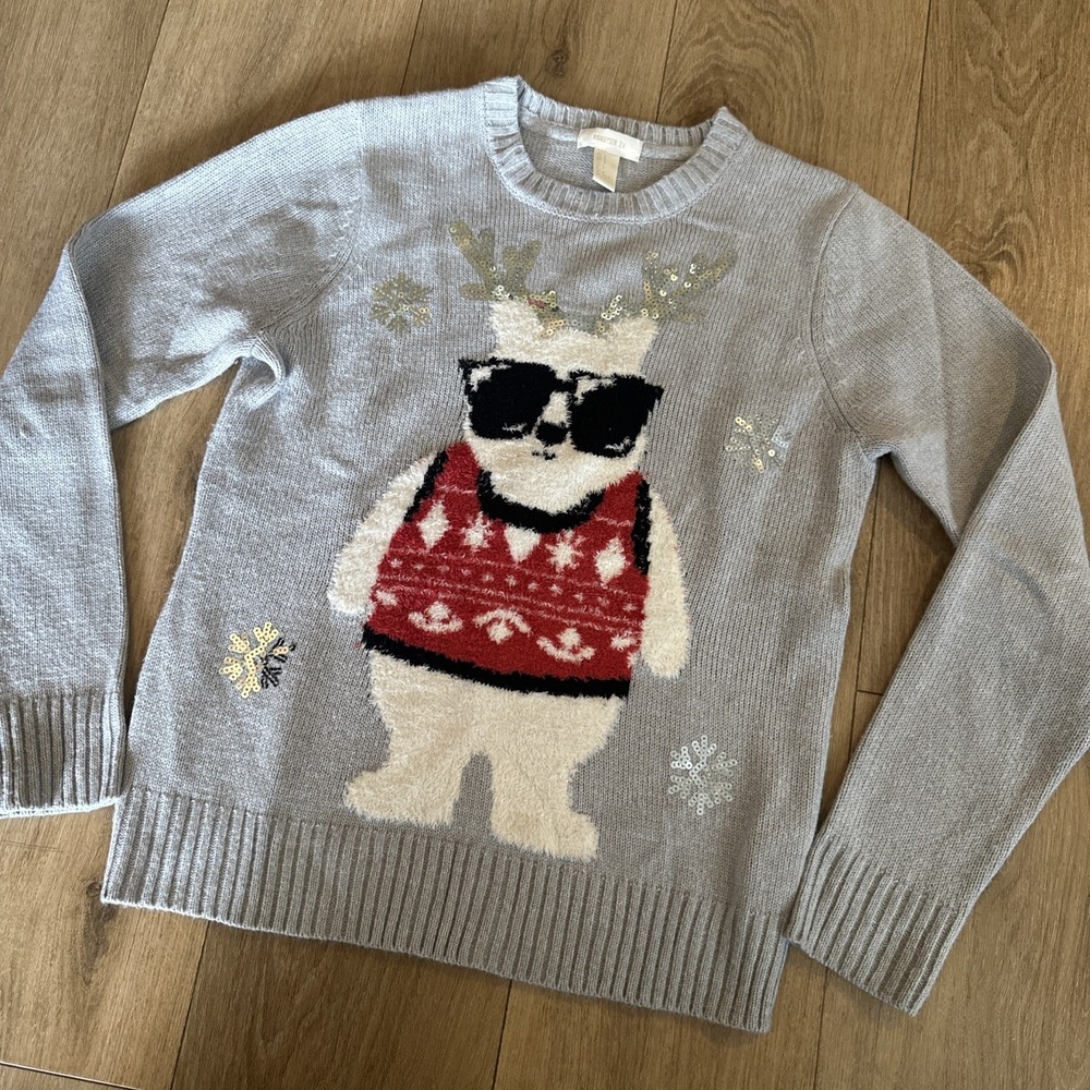 Ugly Christmas Sweater Women's Medium Gray Sequins Dog Antlers forever 21